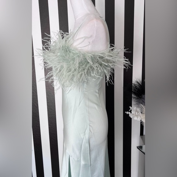 Mint Satin Ostrich Feather Trim Midi Slip Dress - NWT - Picture 6 of 7